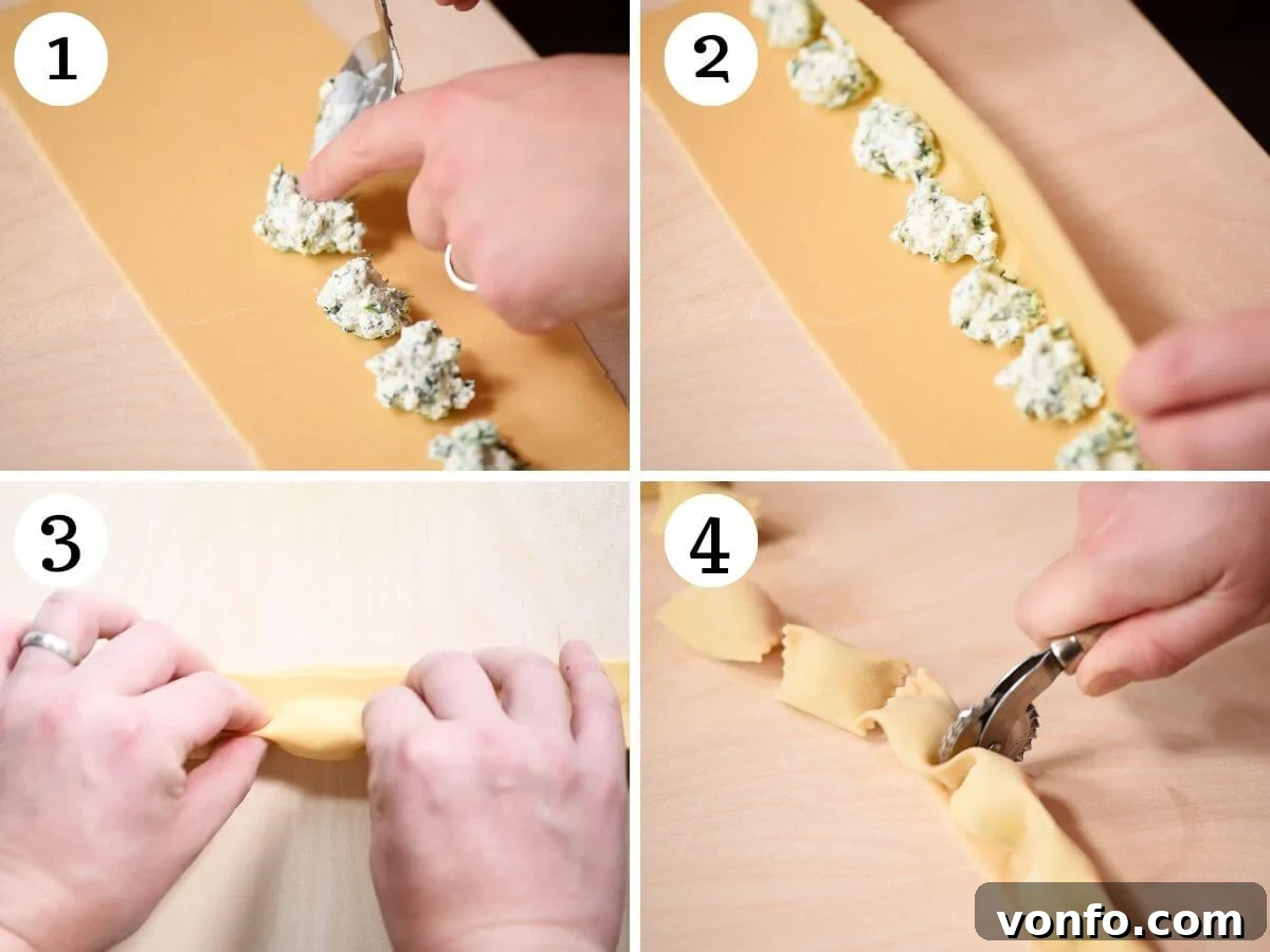 Four photos in a collage showing how to spoon the filling to make Agnolotti.