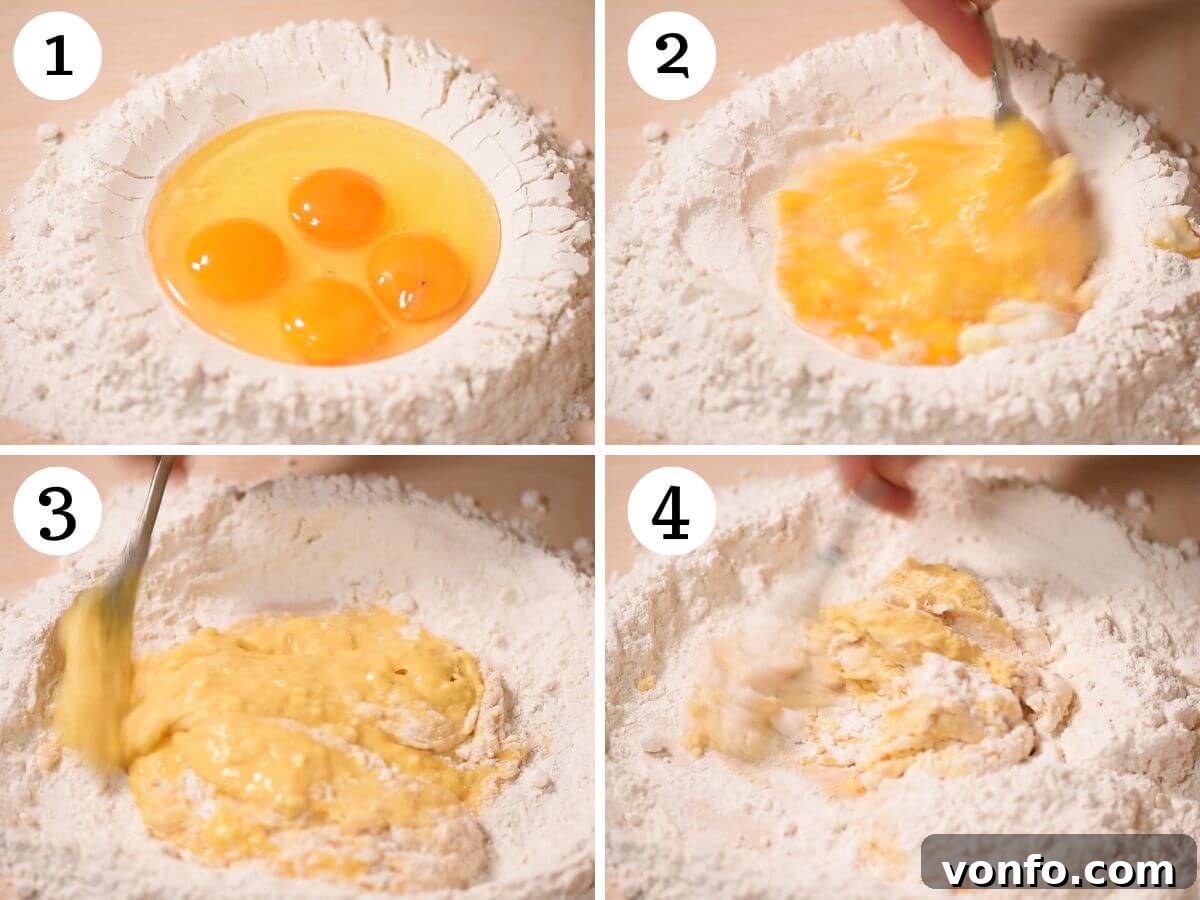 Four photos in a collage showing how to initially combine flour and eggs to make pasta dough from scratch for Agnolotti.