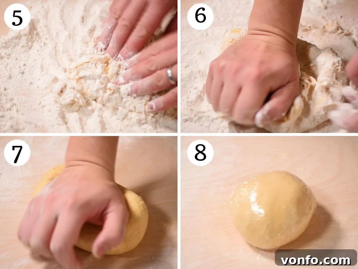 Four photos in a collage showing the kneading process for homemade pasta dough.