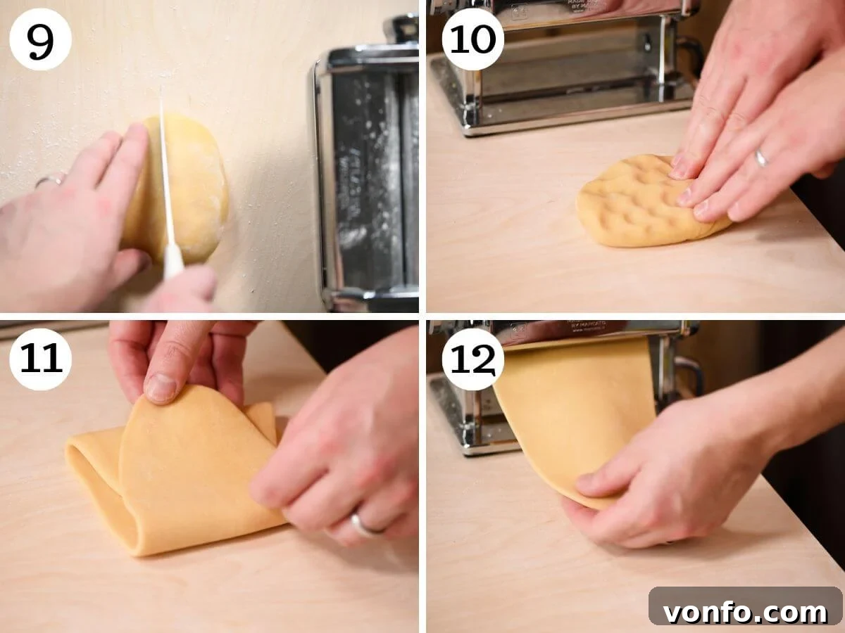 Four photos in a collage showing how to prepare pasta dough for rolling with a pasta machine.