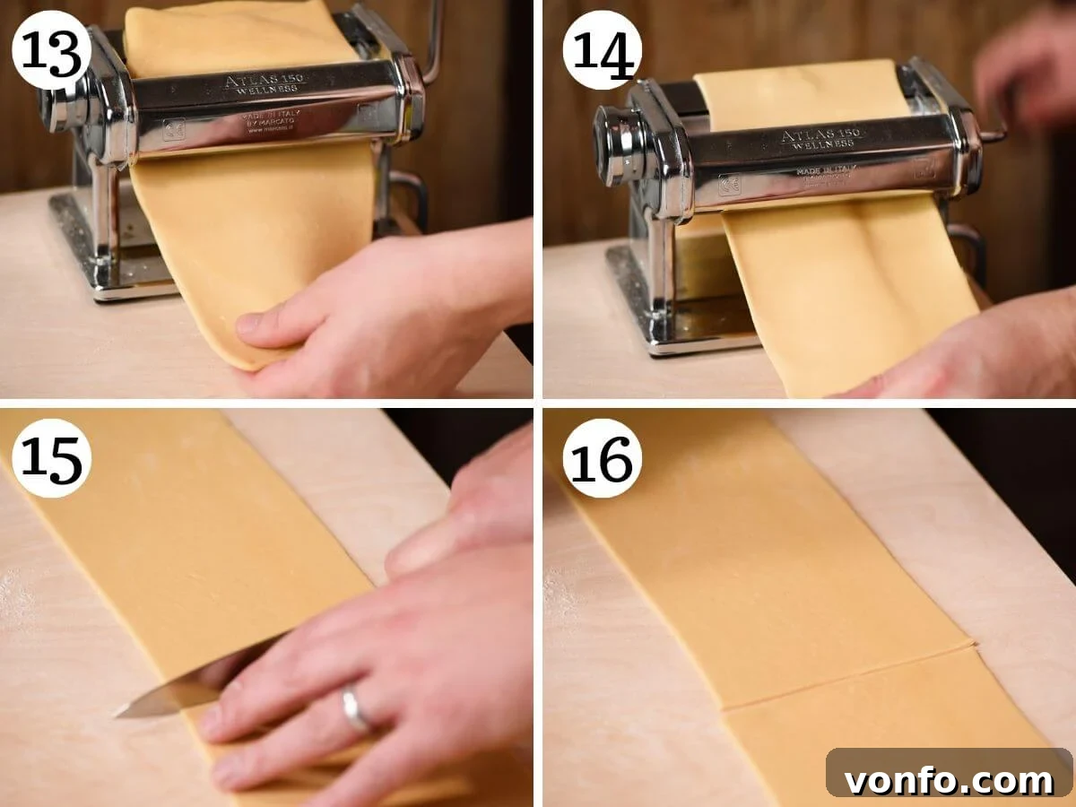Four photos in a collage showing how to roll out a thin sheet of pasta for making Agnolotti.