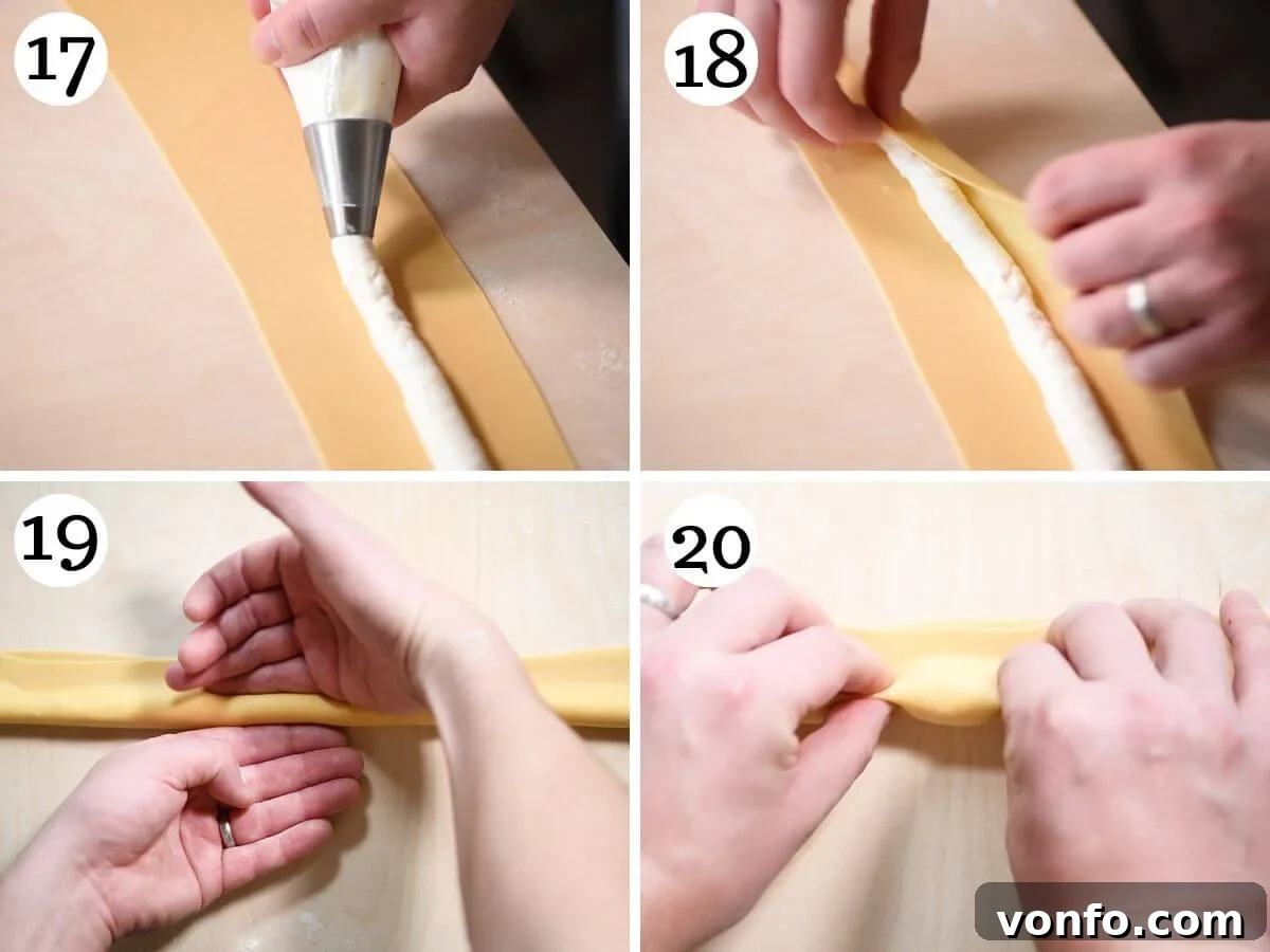 Four photos in a collage showing how to fill and shape agnolotti pasta using the continuous line method.