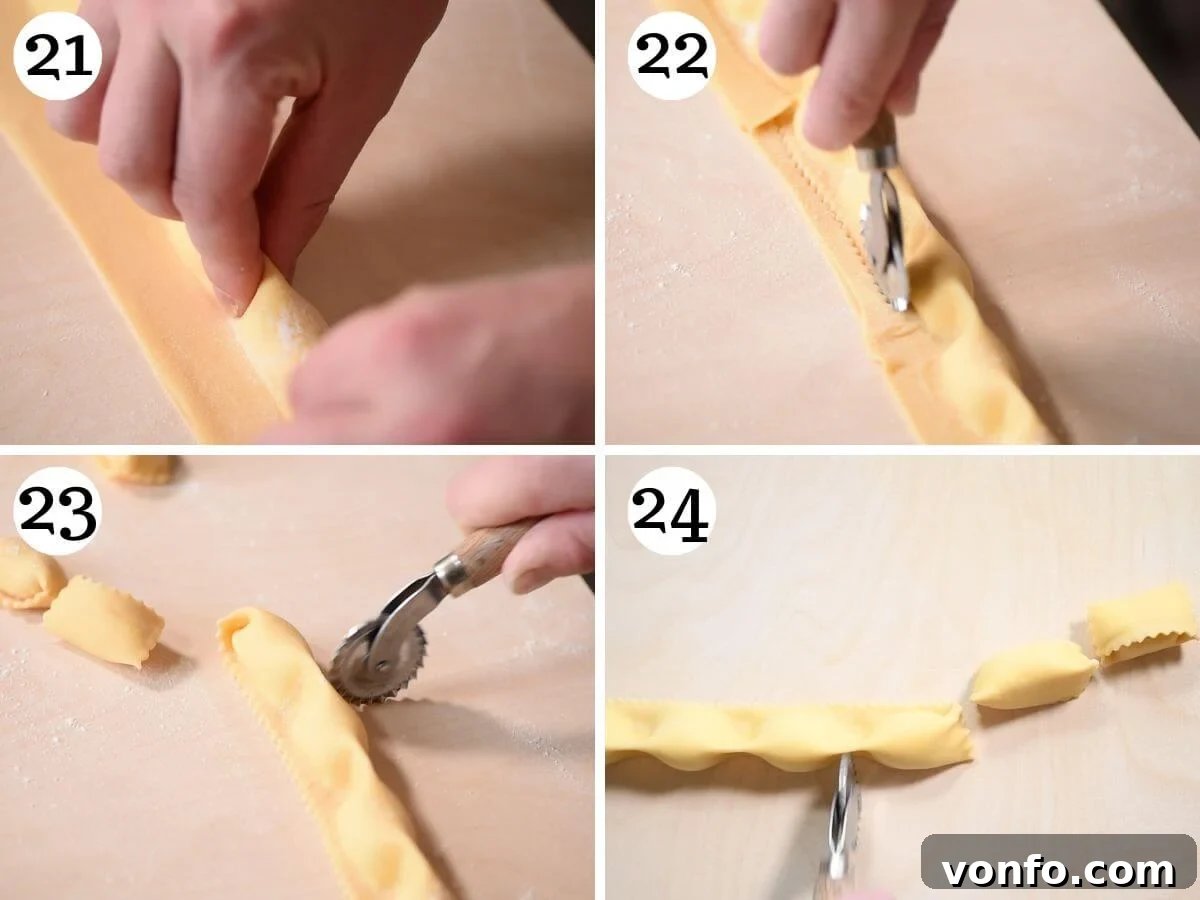 Four photos in a collage showing how to pinch and cut Agnolotti pasta into individual pieces.