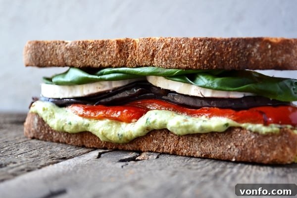 Plated roasted vegetable sandwich ready to eat