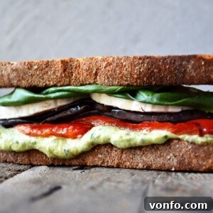 Roasted vegetable sandwich with avocado mayo and goat cheese