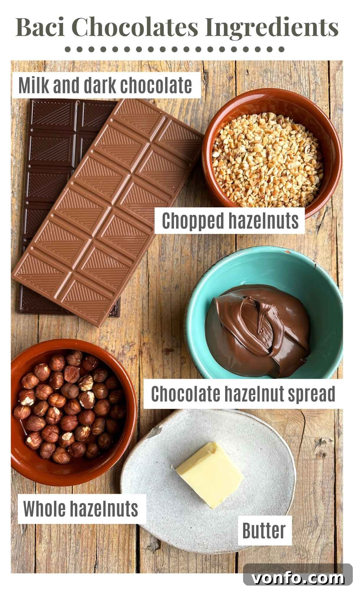 Handcrafted Italian Chocolate Kisses 3 An overhead shot showcasing all the fresh, high-quality ingredients required to make homemade Italian Baci chocolates, neatly arranged on a rustic kitchen surface.