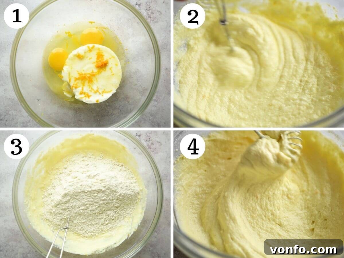 Pillowy Italian Ricotta Donuts 4 A four-panel collage showing the process of mixing wet and dry ingredients for ricotta doughnuts, from combining ricotta and eggs to folding in flour.