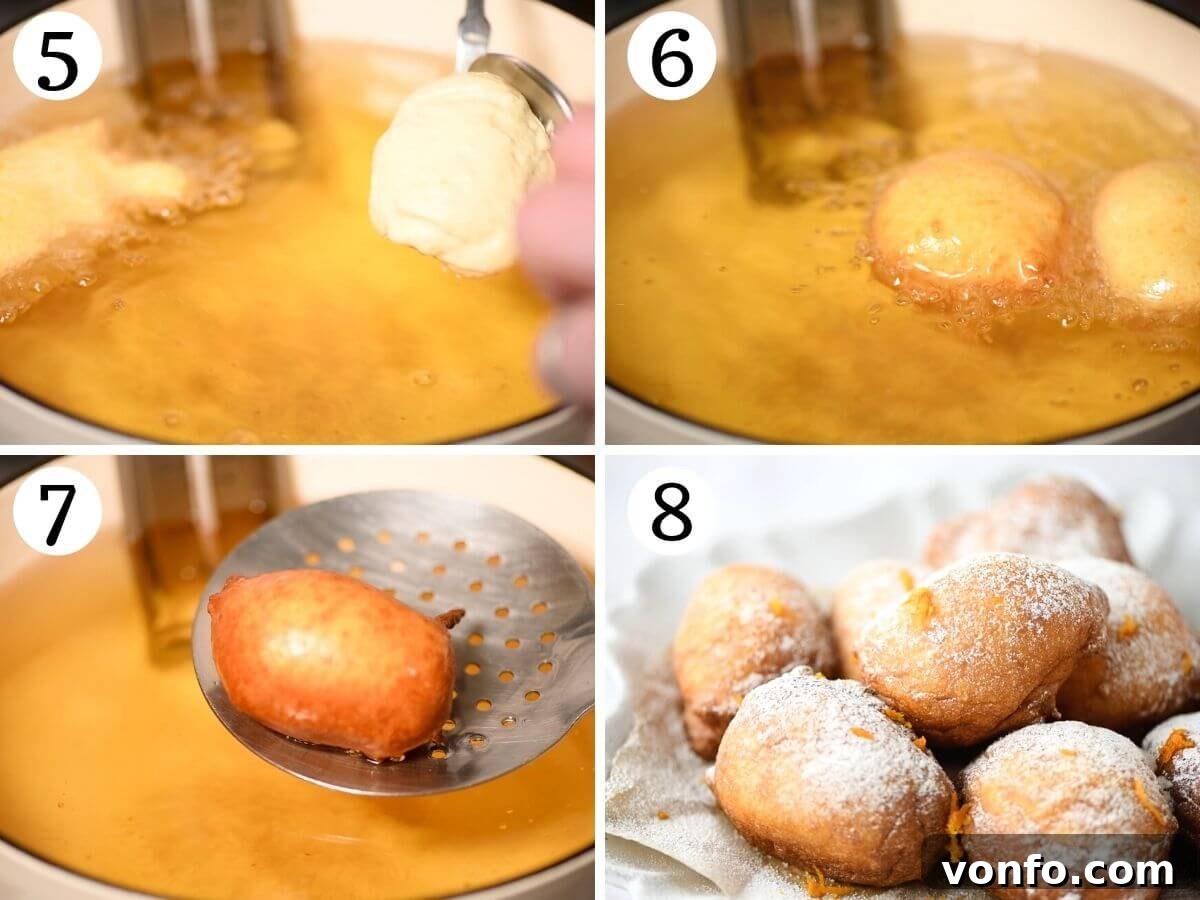 Pillowy Italian Ricotta Donuts 5 A four-panel collage illustrating the frying process of ricotta doughnuts, showing dough being dropped into hot oil and golden brown results.