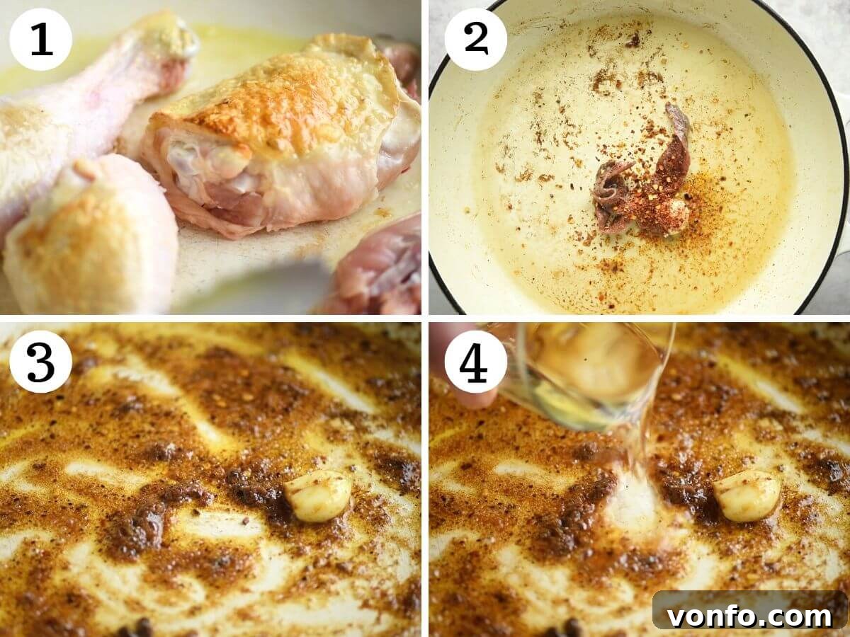 Four photos in a collage showing the process of browning chicken and sautéing anchovies and garlic for the Puttanesca sauce.