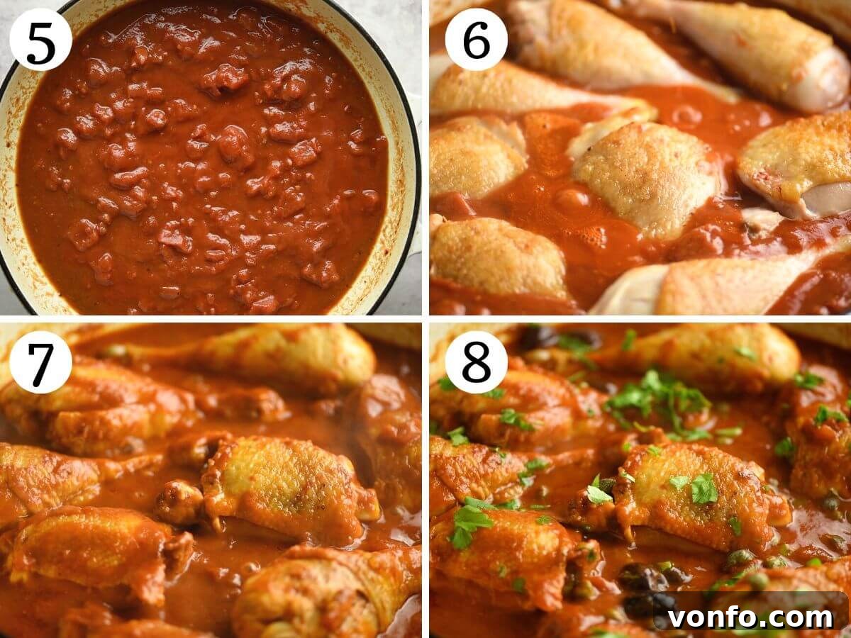Four photos in a collage demonstrating the stages of cooking chicken in puttanesca sauce, from adding tomatoes to simmering.