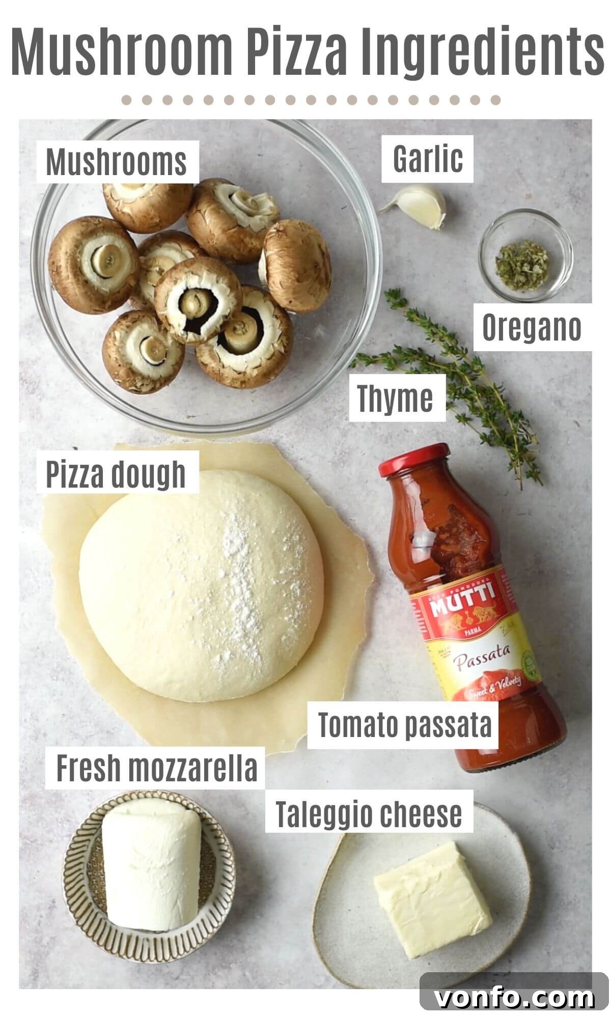 Gourmet Taleggio Mushroom Pizza 3 An overhead shot of all the ingredients you need to make a mushroom pizza.