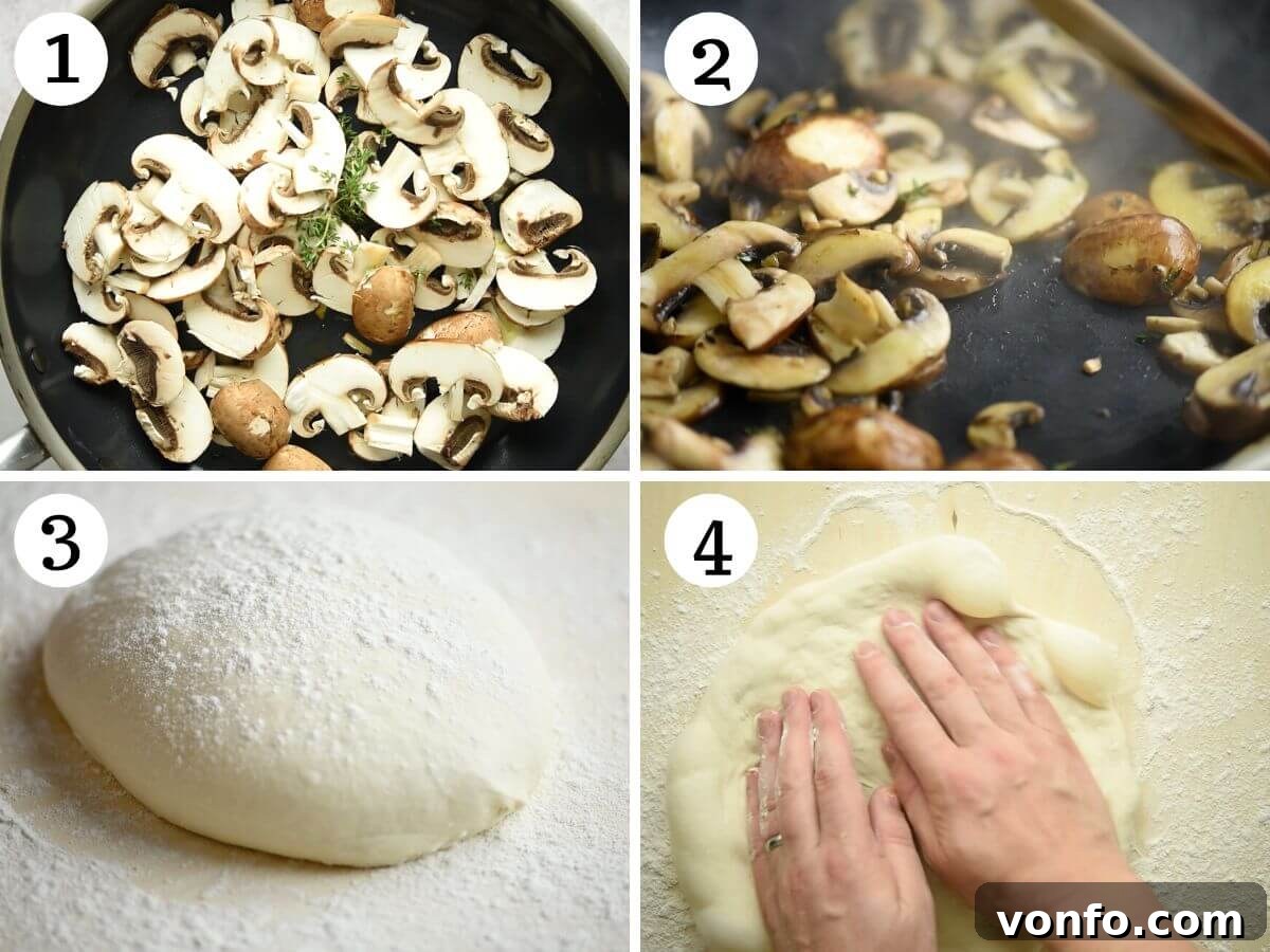 Gourmet Taleggio Mushroom Pizza 4 Four photos in a collage showing how to saute mushrooms and roll out pizza dough.