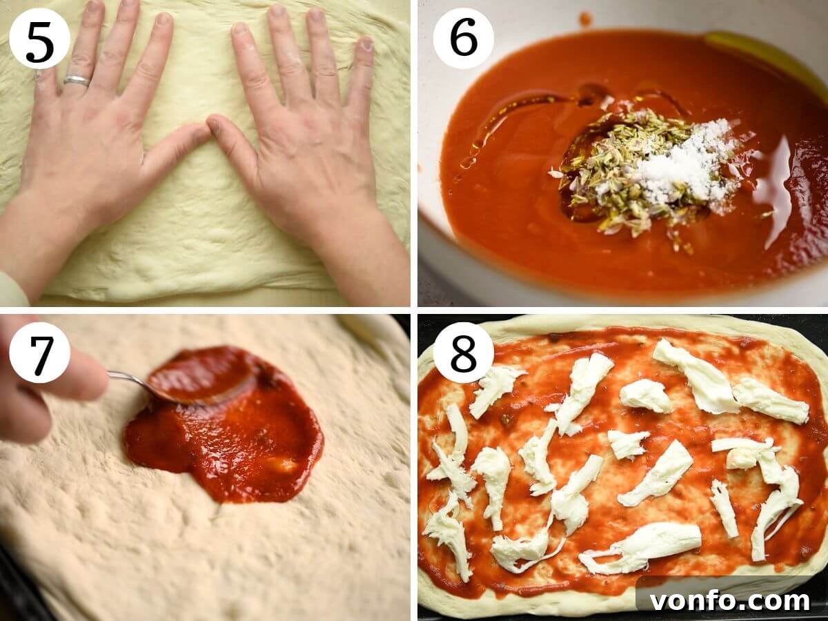 Gourmet Taleggio Mushroom Pizza 5 Four photos in a collage showing how to make pizza sauce and add toppings to a pizza.
