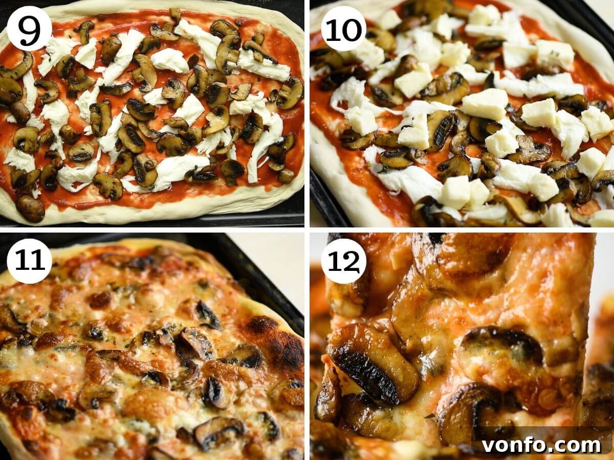 Gourmet Taleggio Mushroom Pizza 6 Four photos in a collage showing how to make a mushroom pizza.