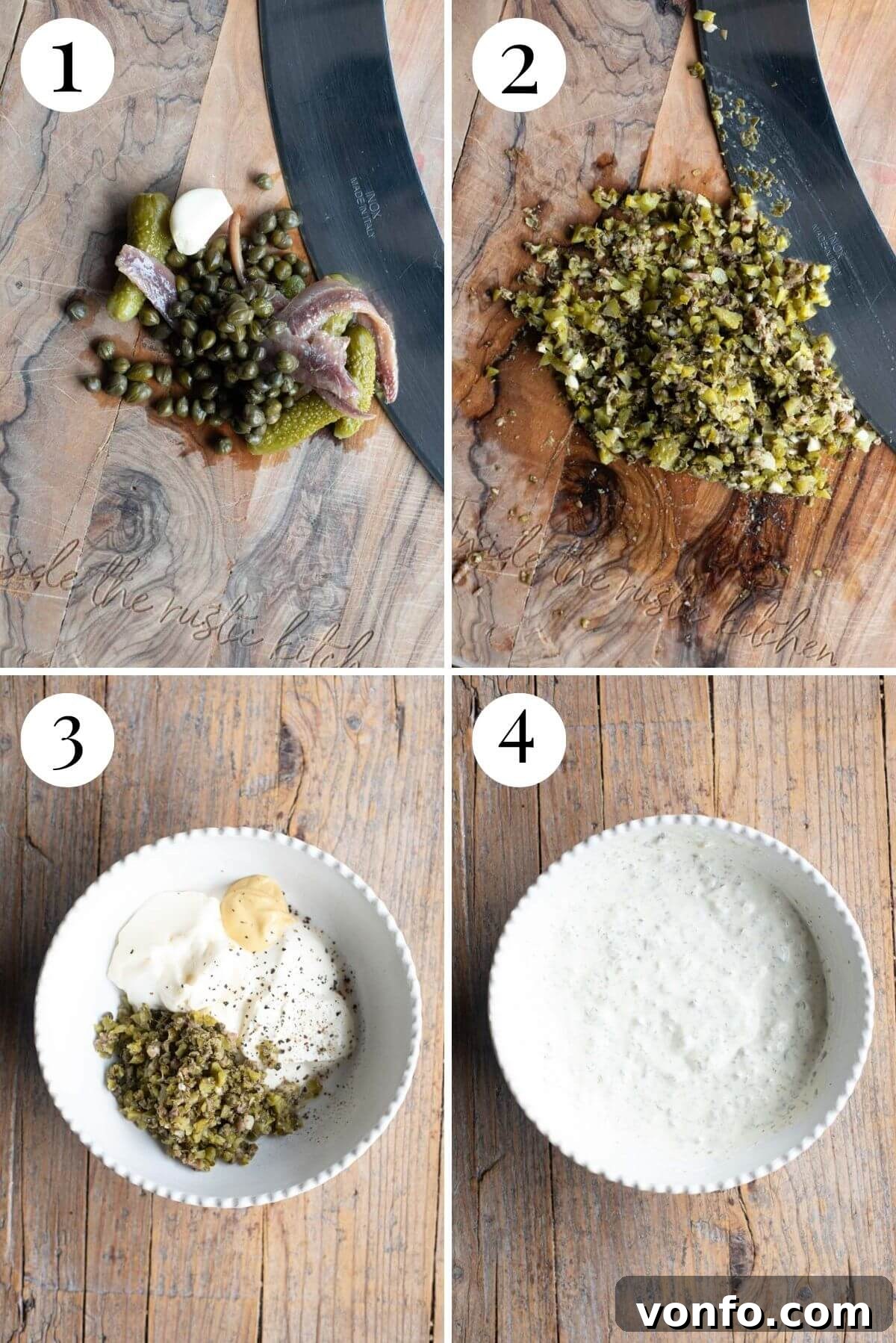 Fire-Kissed Romaine with Zesty Caper Dressing 4 Four photos in a collage demonstrating the process of making the creamy caper dressing: 1) Finely chopping capers and anchovies, 2) Mixing chopped ingredients with mayonnaise and sour cream, 3) Frying pancetta in a pan, and 4) Grilling romaine lettuce on a hot griddle.