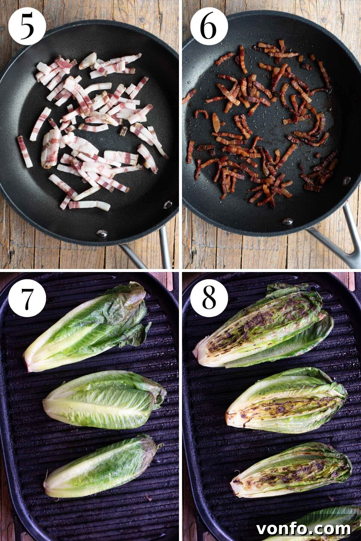 Fire-Kissed Romaine with Zesty Caper Dressing 5 Four photos in a collage illustrating the grilling process for romaine lettuce and cooking pancetta to crispy perfection, showing how quickly the lettuce chars on the grill.