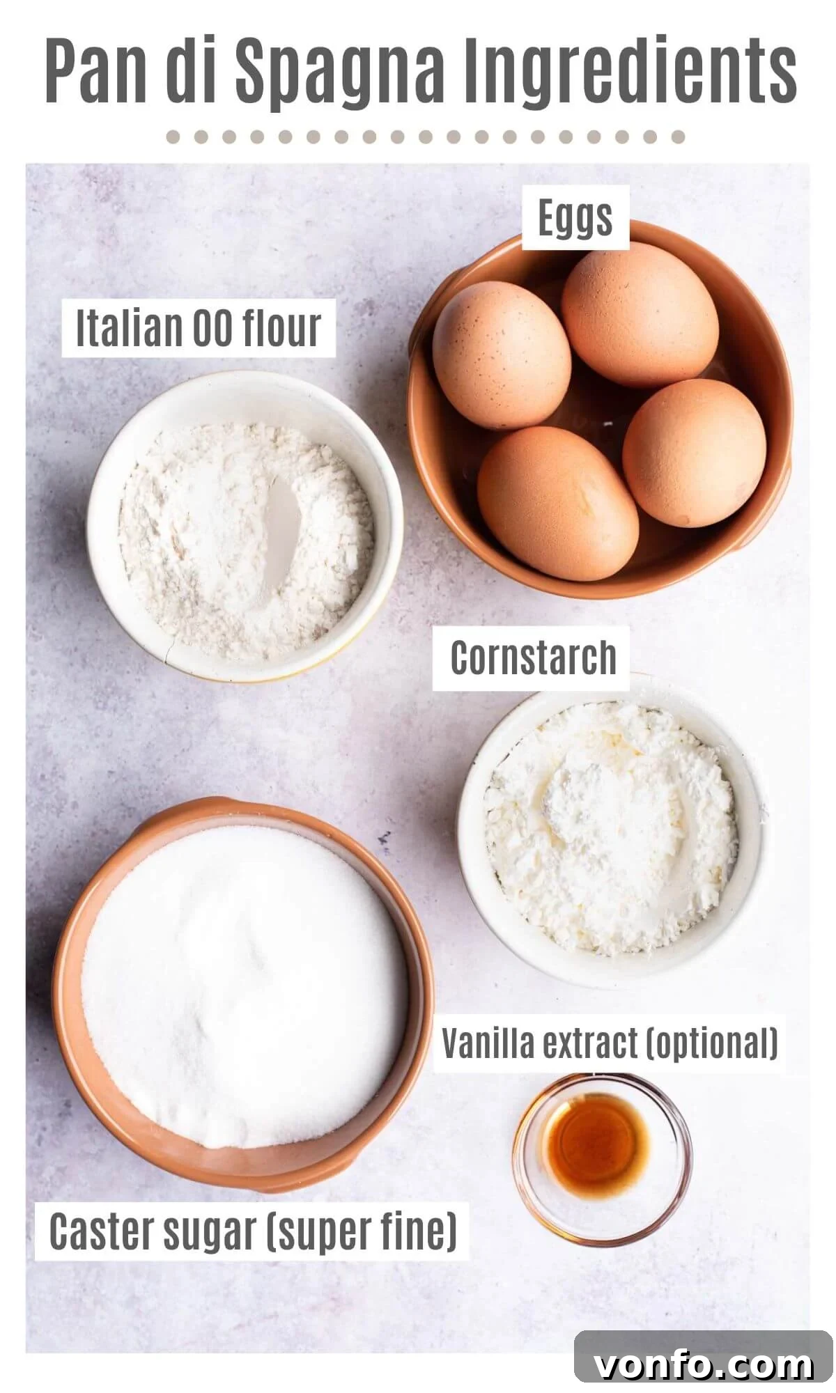Light and Airy Pan di Spagna 3 An overhead shot of labelled ingredients; room temperature eggs, cornstarch, Italian 00 flour, caster sugar, vanilla extract, and a pinch of salt.