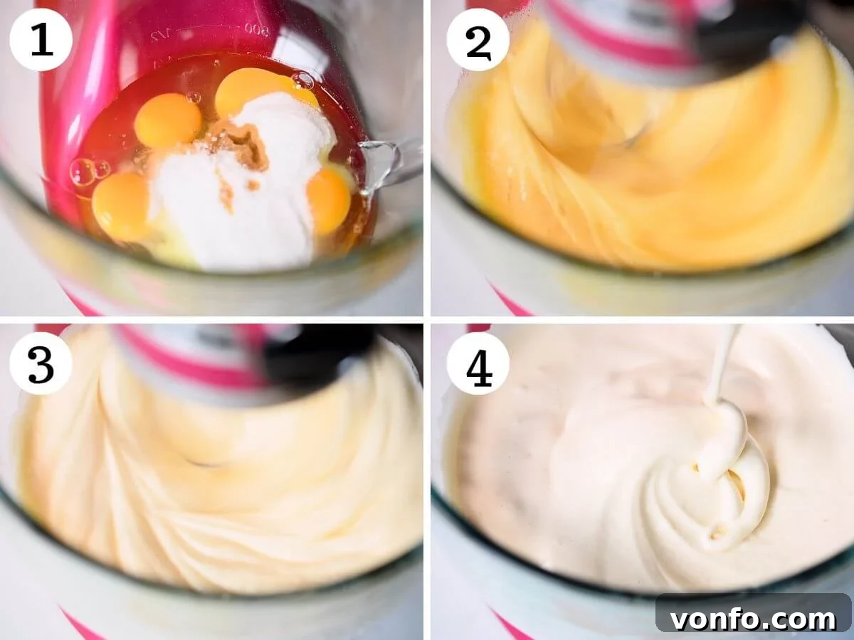 Four photos in a collage showing how to beat eggs and sugar until thick and fluffy using a stand mixer, demonstrating the ribbon stage.
