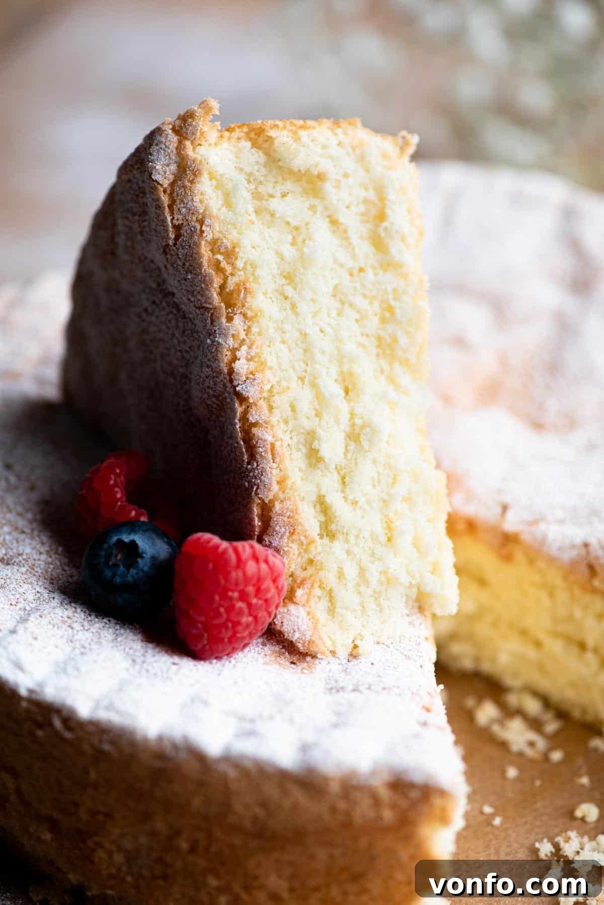 Close up of a slice of Italian Pan di Spagna sponge cake with berries at the side, highlighting its perfect crumb.