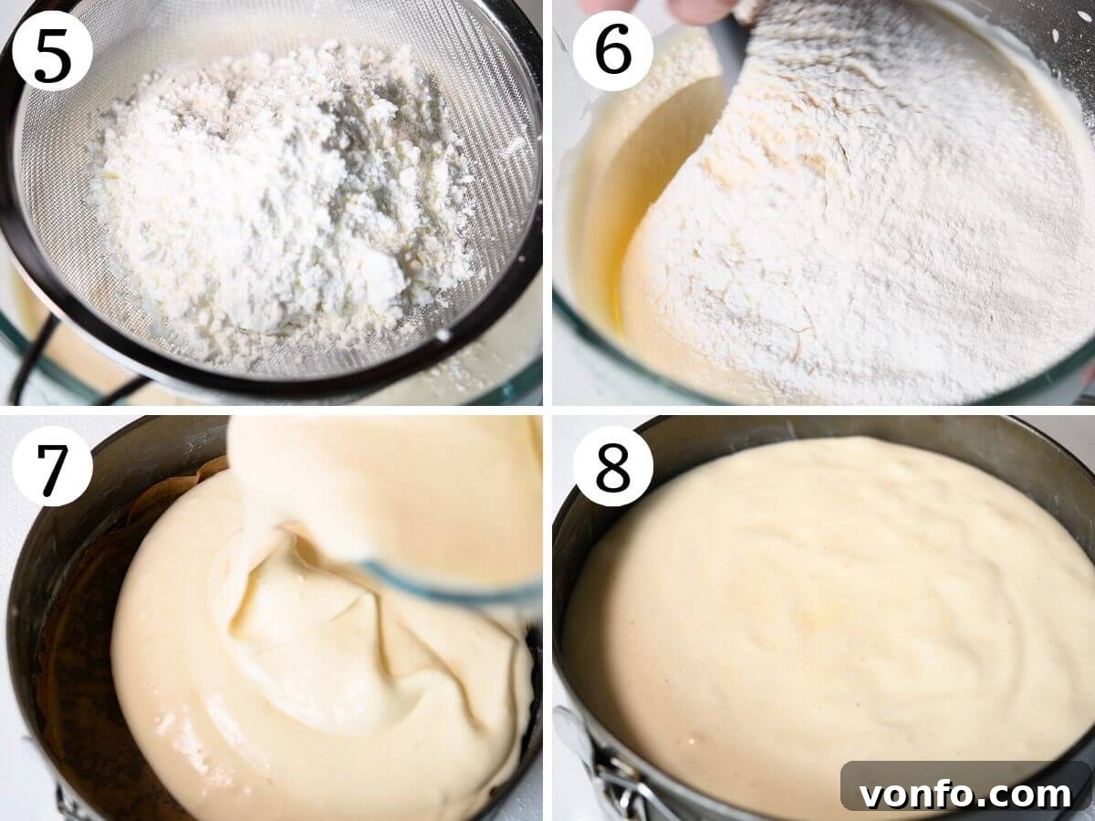 Four photos in a collage showing how to sift flour into eggs and bake Pan di Spagna.