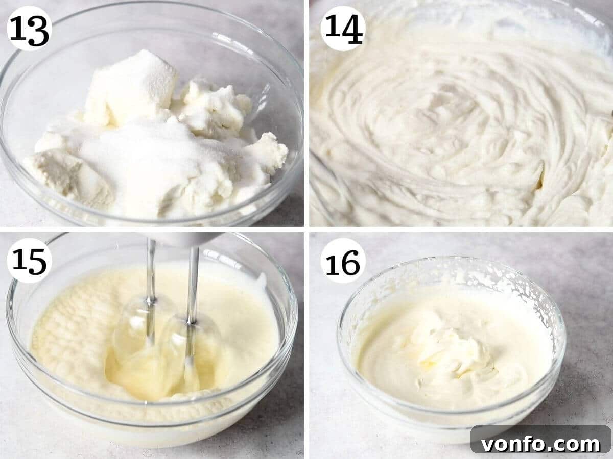 Four photos in a collage showing how to whisk sugar and ricotta together and whip cream to soft peaks for the Zuccotto filling.