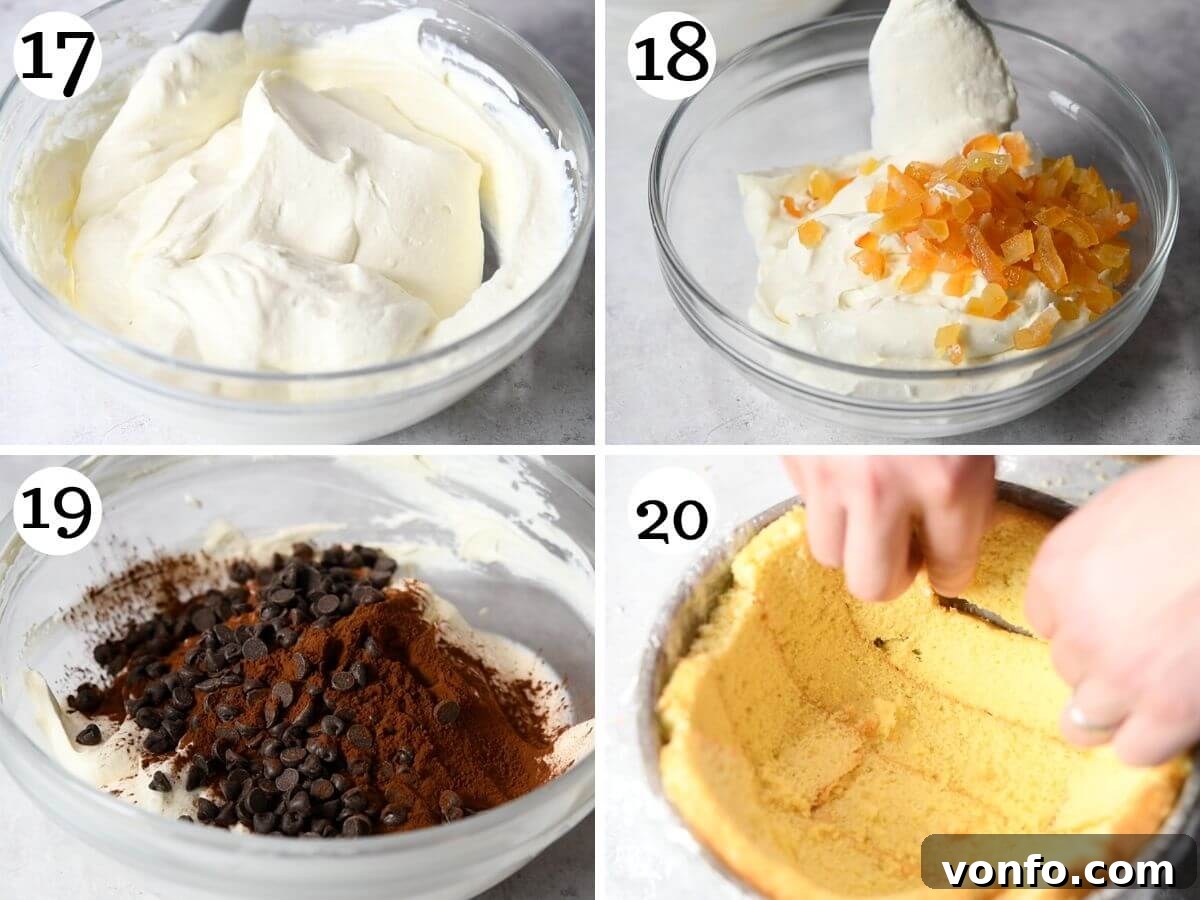 Four photos in a collage showing how to make two different ricotta creams (white with candied fruit and chocolate with chocolate chips) for Zuccotto.