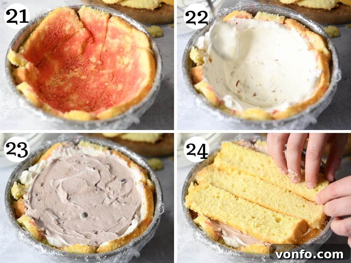 Four photos in a collage showing how to line a bowl with plastic wrap and sponge cake for Zuccotto assembly.