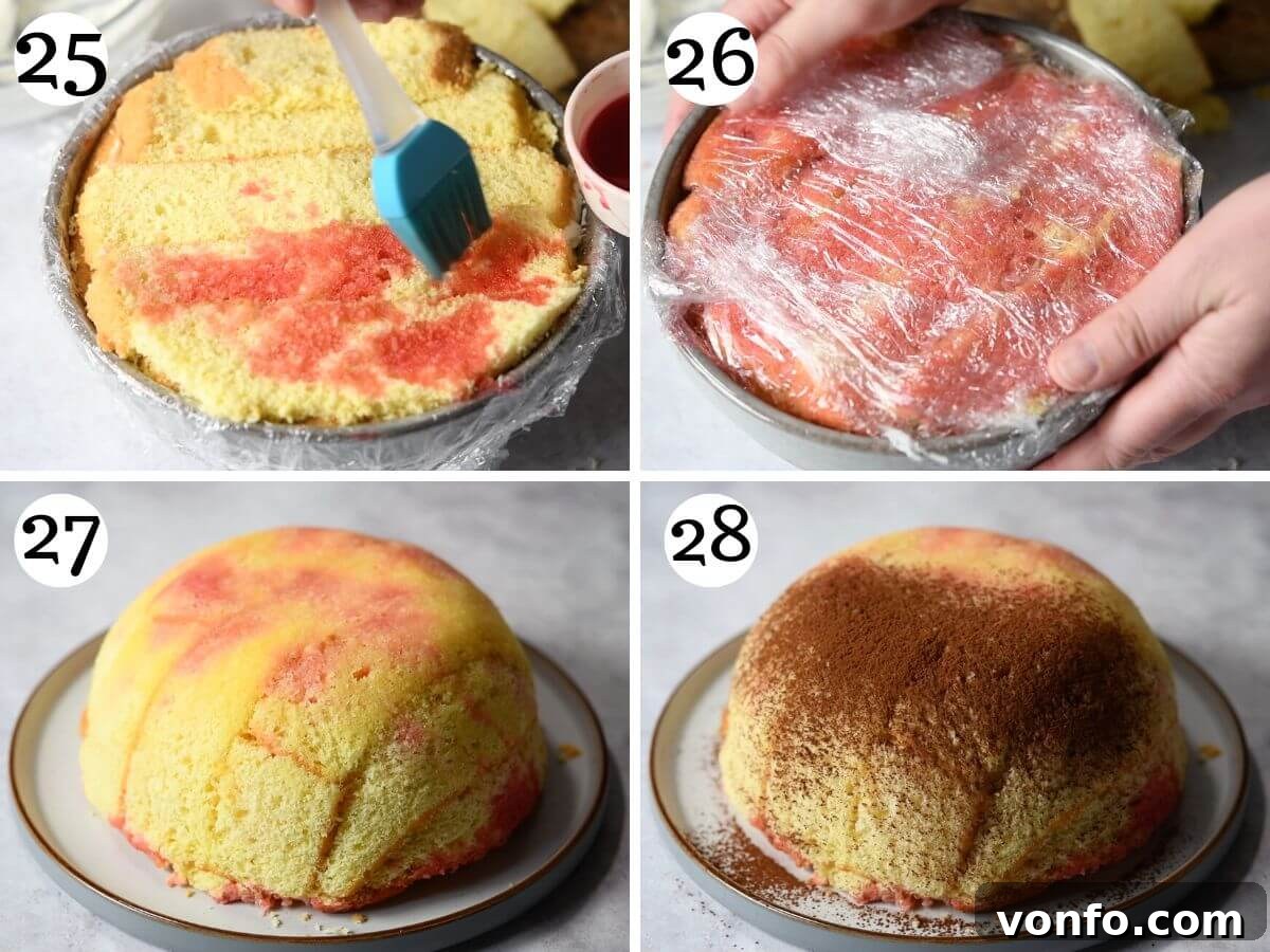 Four photos in a collage showing Zuccotto layers being added, before and after chilling, ready to serve.