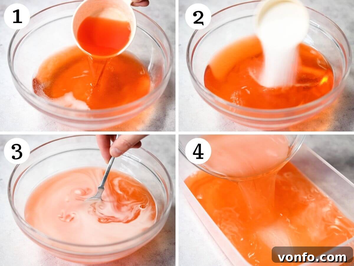 Sunset Aperol Granita 4 A visual step-by-step collage demonstrating the initial stages of preparing Aperol Spritz granita, from mixing ingredients to placing the liquid in a shallow freezer-safe container.