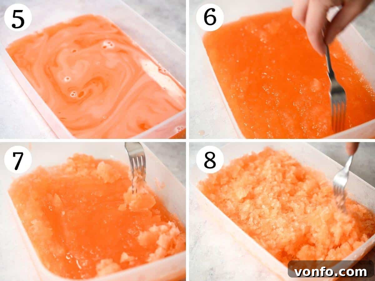 Sunset Aperol Granita 5 A visual collage showing the progression of granita formation, from initial ice crystal scraping to fully formed flaky ice dessert.