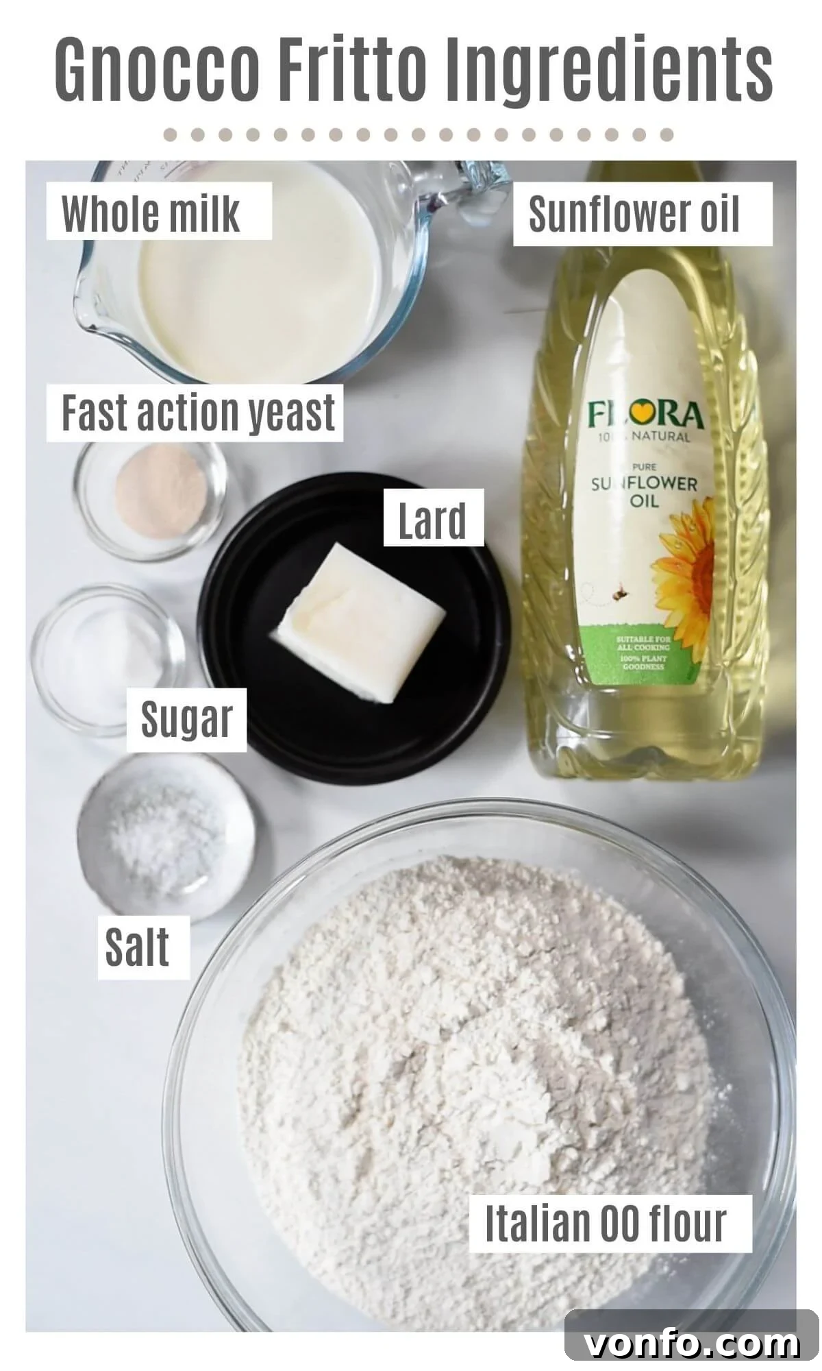 An overhead shot showcasing all the fresh and simple ingredients required to prepare traditional Gnocco Fritto dough.