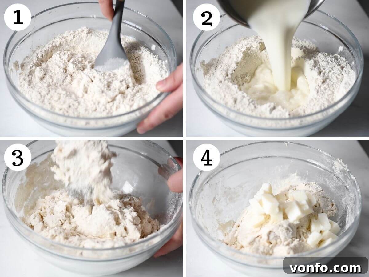 A four-photo collage illustrating the initial stages of Gnocco Fritto dough preparation, from mixing dry ingredients to adding warm milk.