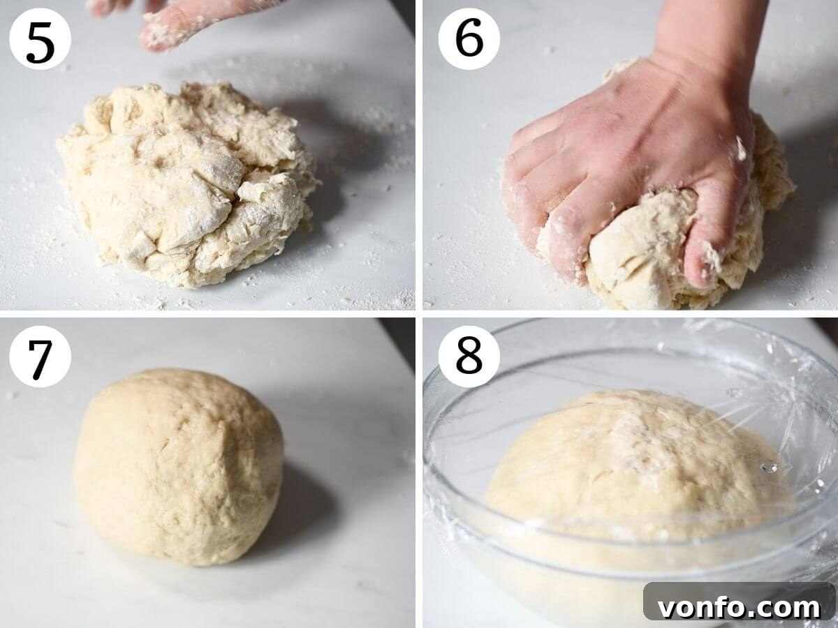 A four-photo collage demonstrating the kneading process for Gnocco Fritto dough and its transformation before and after proving.