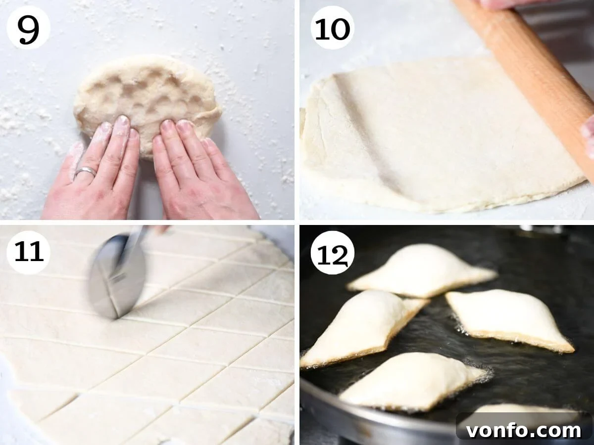 A four-photo collage illustrating the final steps: rolling and cutting Gnocco Fritto dough, followed by frying until golden brown.