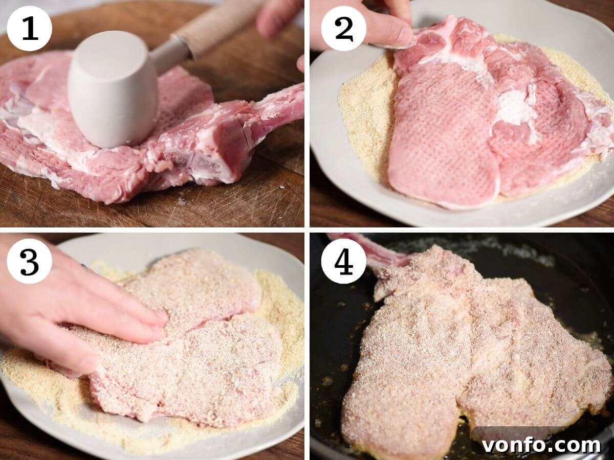 Veal Milanese 4 A four-photo collage illustrating the essential preparation steps for Veal Milanese: trimming, pounding, and breading the veal chops.
