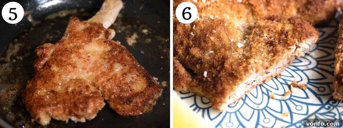 Veal Milanese 5 A two-photo collage demonstrating the cooking process for Veal Milanese: frying the breaded chops in a pan.