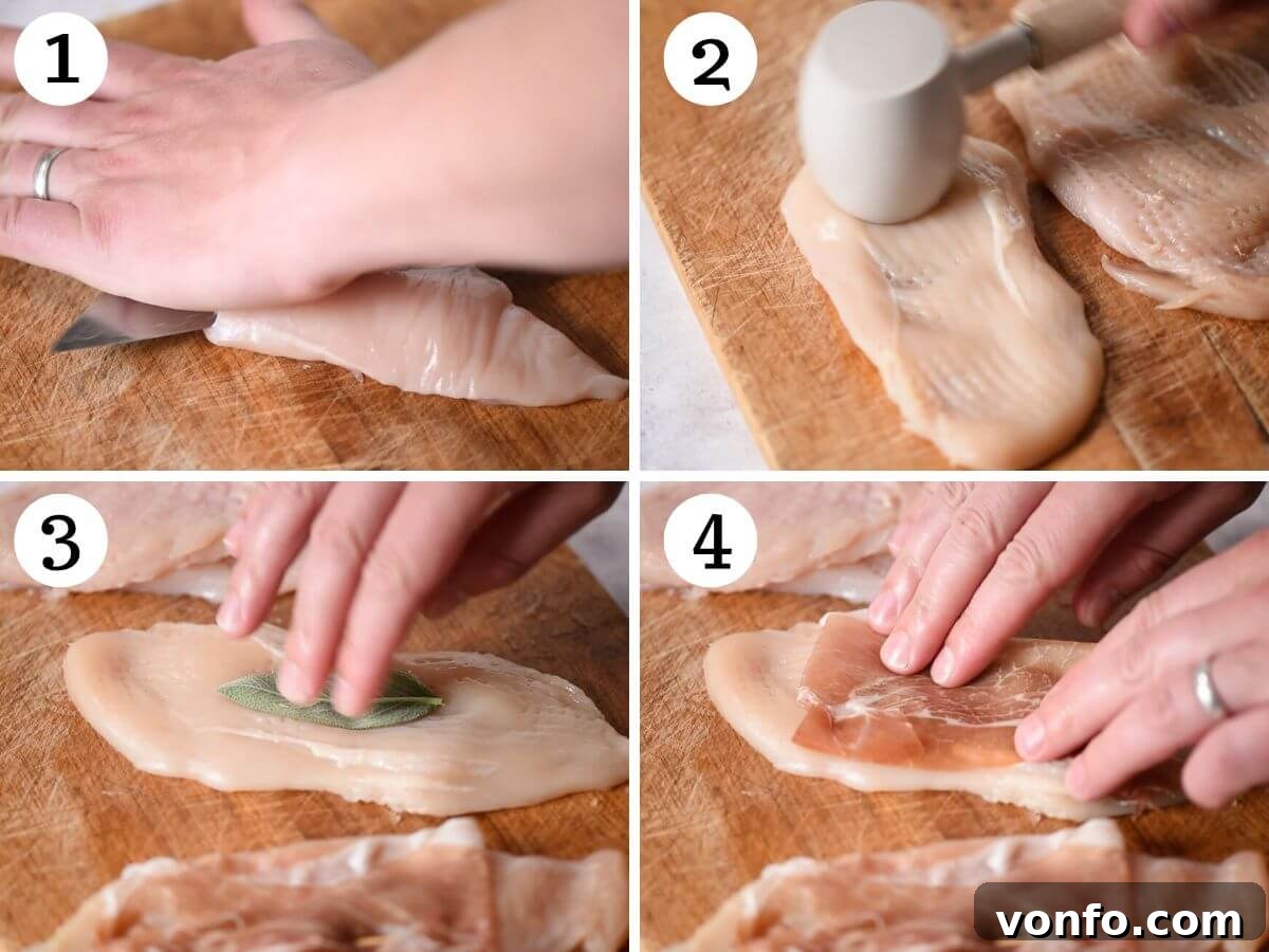 Four photos in a collage showing how to prepare chicken for saltimbocca, including slicing and pounding the chicken breasts to an even thickness.