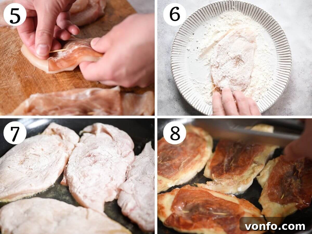 Four photos in a collage showing how to dredge chicken in flour and begin pan-frying them to a golden crisp, prosciutto-side down.