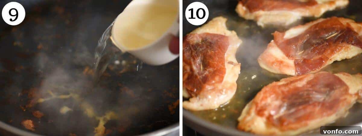 Two photos in a collage showing how to deglaze a pan with white wine and return the cooked saltimbocca to warm it through in the aromatic sauce.