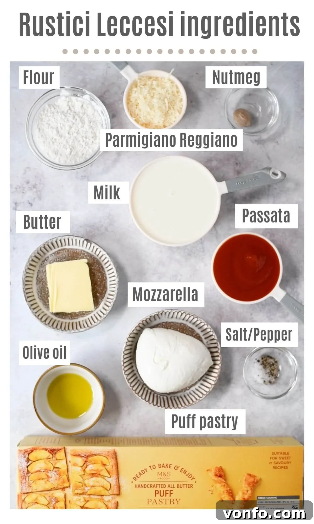 An overhead shot showing all the fresh and high-quality ingredients laid out for making Rustici Leccesi, including puff pastry, mozzarella, passata, and béchamel components.