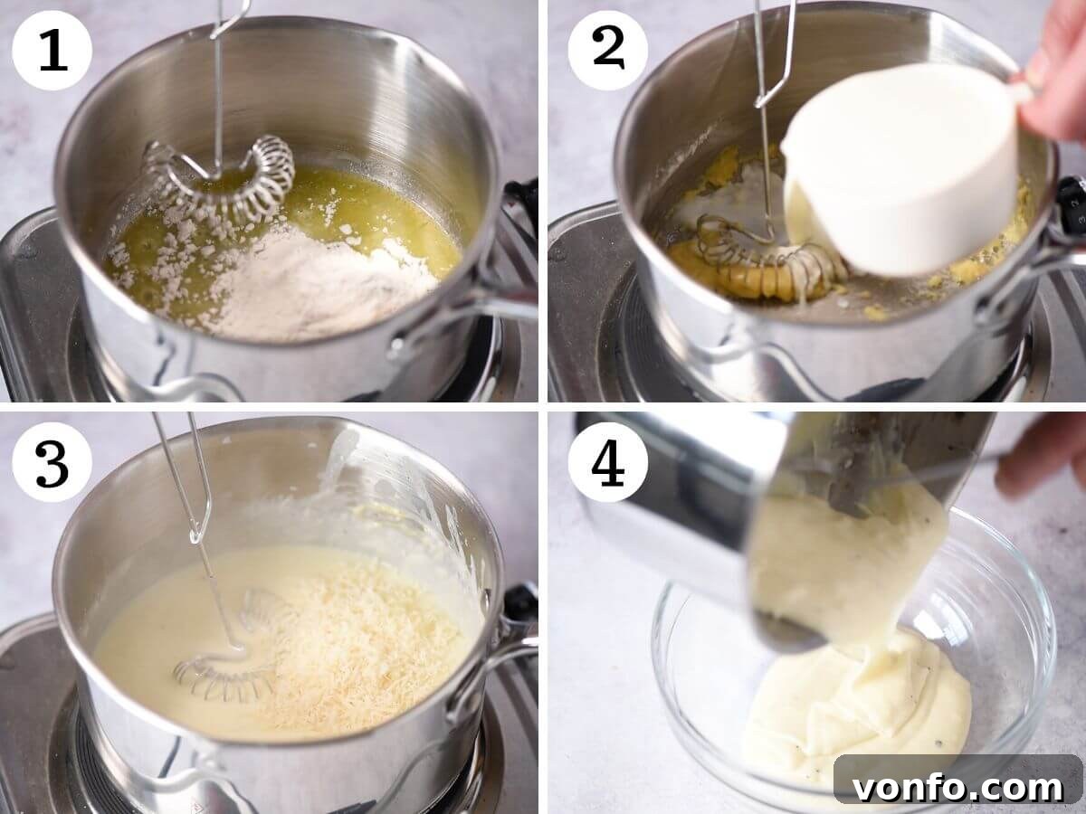 A four-panel collage illustrating the making of béchamel sauce: melting butter, adding flour for roux, whisking in milk, and achieving a thick consistency.