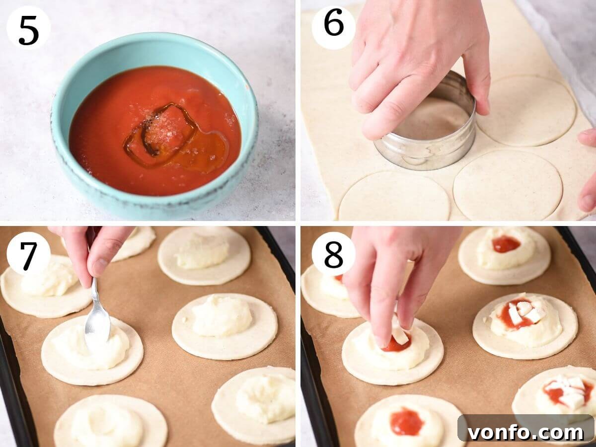 A four-panel collage demonstrating the assembly of Rustici Leccesi: adding white sauce, topping with tomato and mozzarella, placing the top pastry, and creating the center indentation.