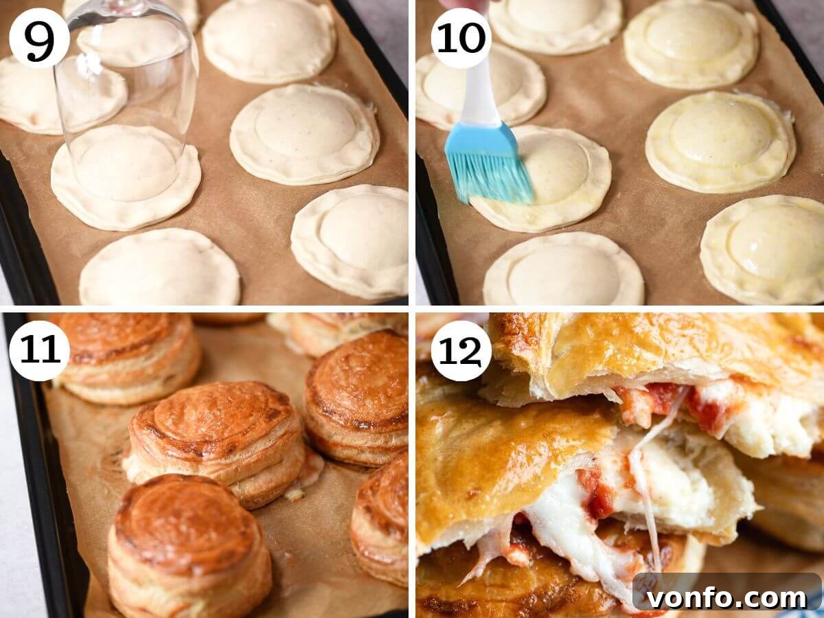 A four-panel collage illustrating the final baking steps for Rustici Leccesi: applying egg wash and baking until golden brown and puffed.