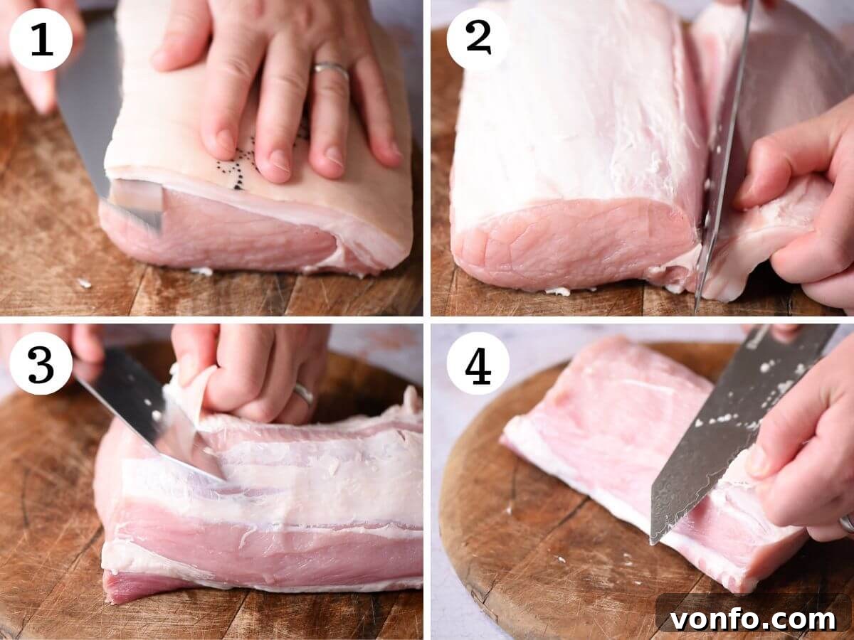 Four photos in a collage showing how to expertly remove excess fat and sinew (silver skin) from a pork loin before preparation.