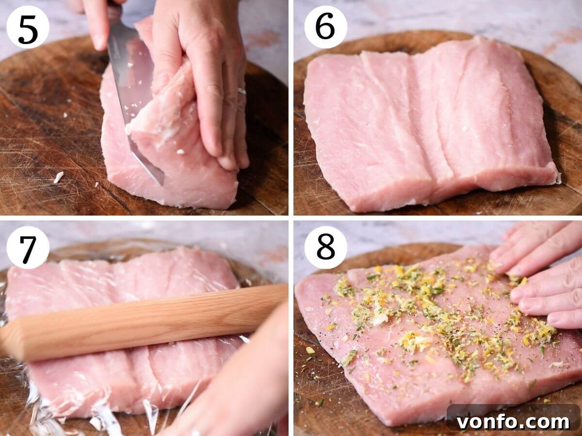 Four photos in a collage showing how to expertly butterfly, pound, and stuff a pork loin with aromatic ingredients.