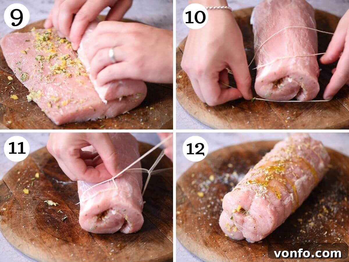 Four photos in a collage illustrating the process of rolling, tying with kitchen string, and securing the stuffed pork loin.