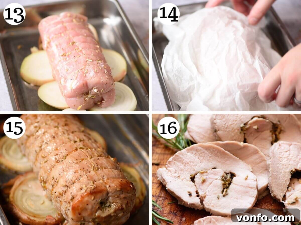 Four photos in a collage illustrating the roasting process of a stuffed pork loin, from placing it on onions to covering it and roasting uncovered.