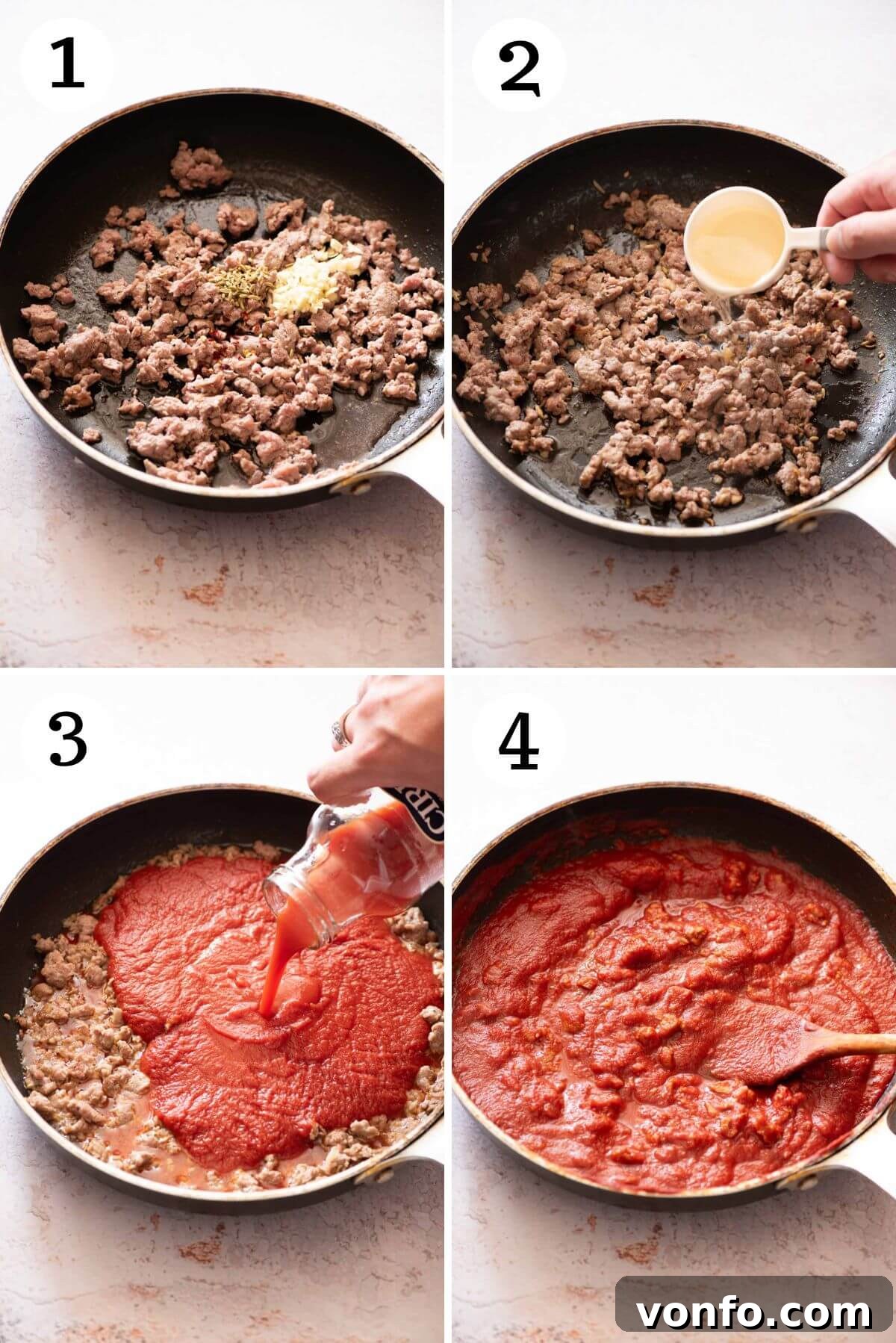 Four photos in a collage showing the initial steps of making Tuscan sausage pasta: browning sausage, adding aromatics, and deglazing with wine.