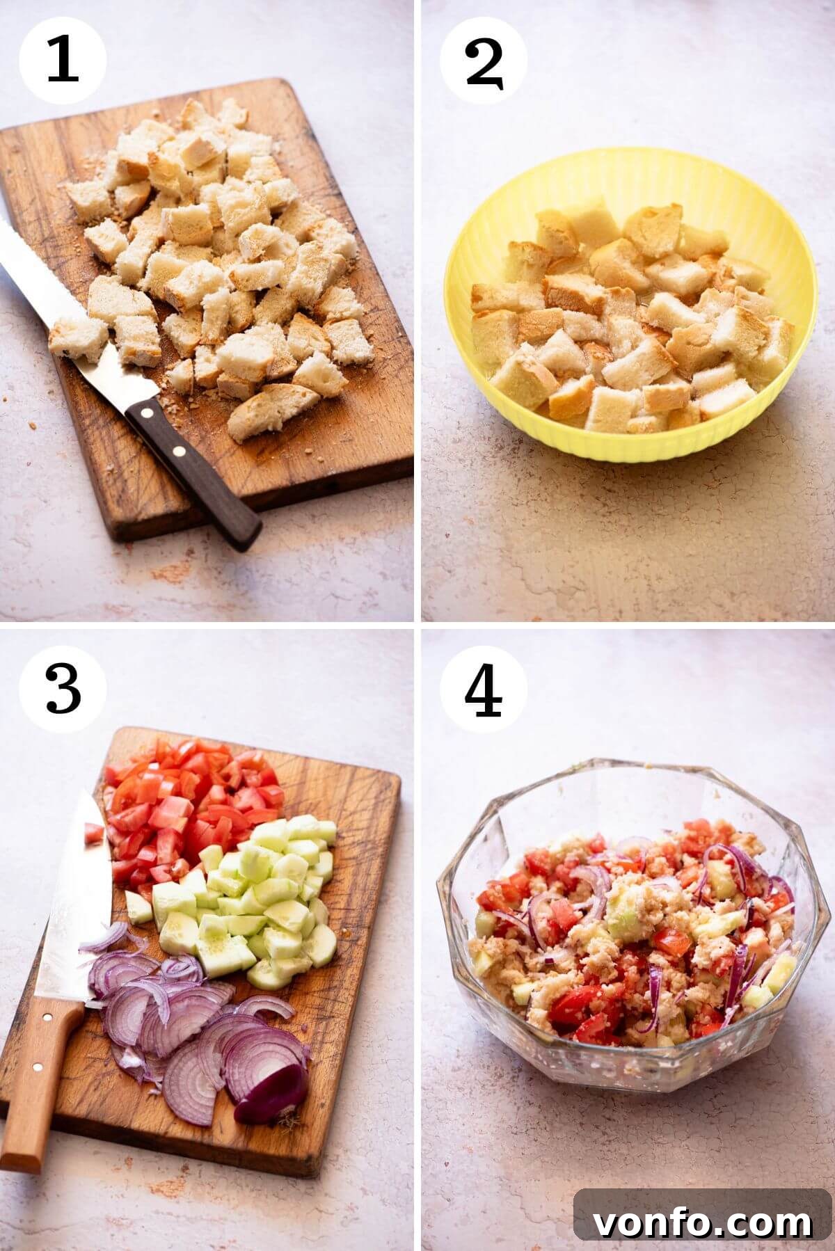 Rustic Tuscan Panzanella 4 Four sequential step-by-step photos illustrating the preparation of a Tuscan Panzanella salad from soaking bread to combining ingredients.
