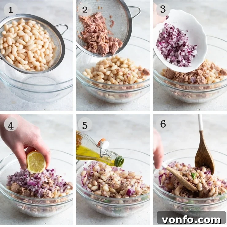 Step-by-step photos illustrating the preparation of a white bean salad with tuna, showing ingredients being combined in a bowl.